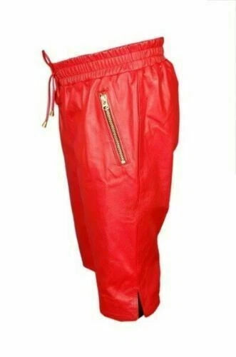 Men's Red Leather Shorts Gold Zipper Pockets Drawstring Waist Handcrafted