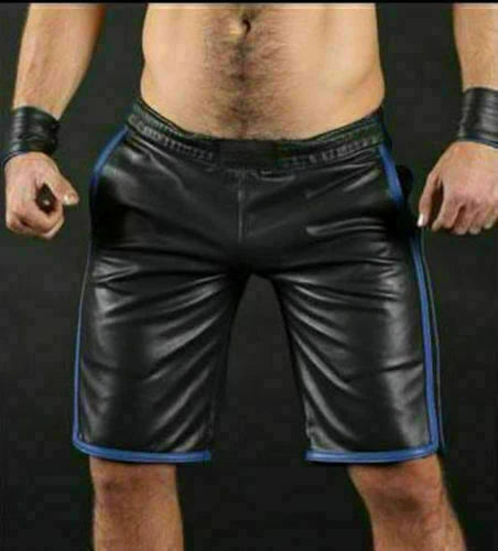 Men's Black Original Leather Shorts Blue Contrast Stitching Premium Full-Grain Handcrafted