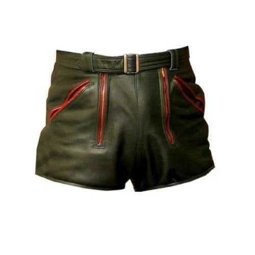 Men's Olive Green Original Leather Shorts Red Piping Belt Included Handcrafted