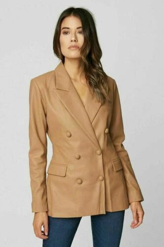 Women's Premium Camel Original Leather Blazer - Handcrafted Double-Breasted Full-Grain Jacket