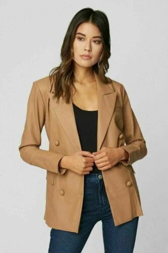 Women's Premium Camel Original Leather Blazer - Handcrafted Double-Breasted Full-Grain Jacket