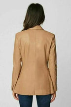 Women's Premium Camel Original Leather Blazer - Handcrafted Double-Breasted Full-Grain Jacket