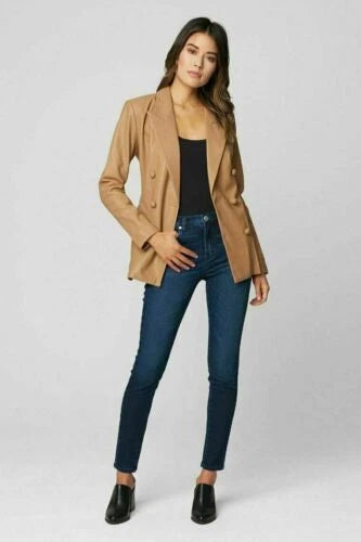 Women's Premium Camel Original Leather Blazer - Handcrafted Double-Breasted Full-Grain Jacket