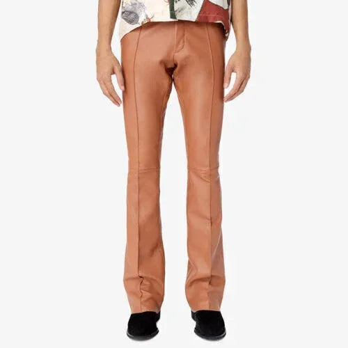 Men Tan Full-Grain Original Leather Pants - Tailored Straight Leg Fit