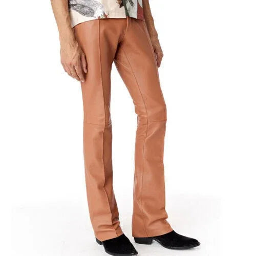 Men Tan Full-Grain Original Leather Pants - Tailored Straight Leg Fit