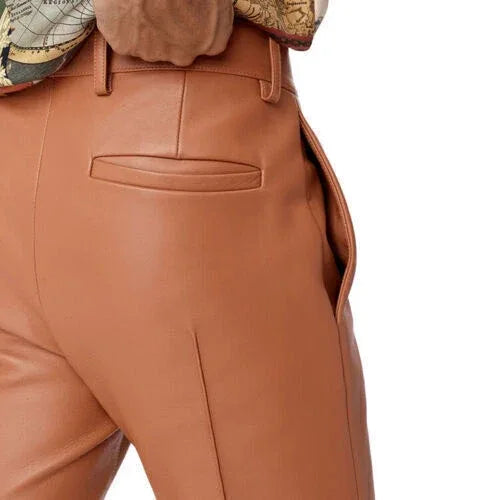 Men Tan Full-Grain Original Leather Pants - Tailored Straight Leg Fit