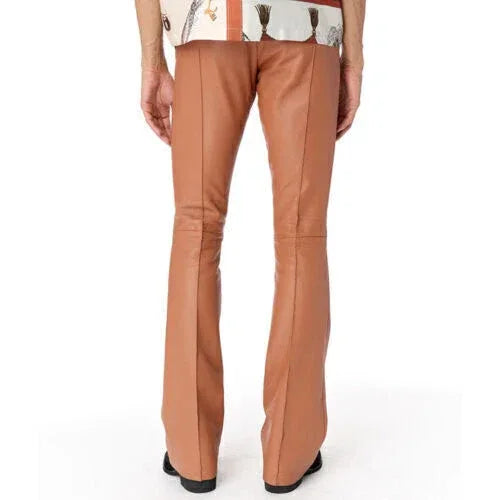 Men Tan Full-Grain Original Leather Pants - Tailored Straight Leg Fit