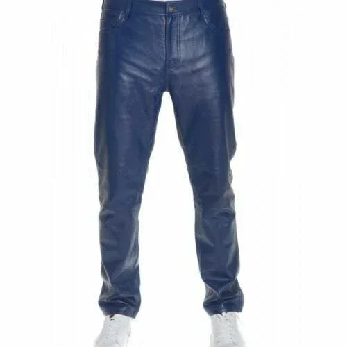 Men's Navy Blue Full-Grain Original Leather Pants - Slim Fit