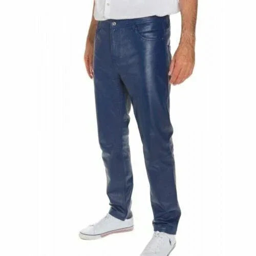 Men's Navy Blue Full-Grain Original Leather Pants - Slim Fit