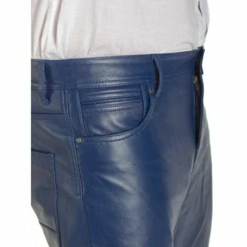 Men's Navy Blue Full-Grain Original Leather Pants - Slim Fit