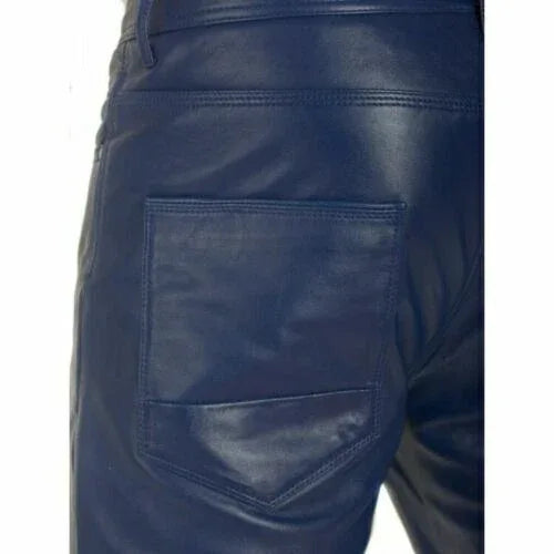 Men's Navy Blue Full-Grain Original Leather Pants - Slim Fit