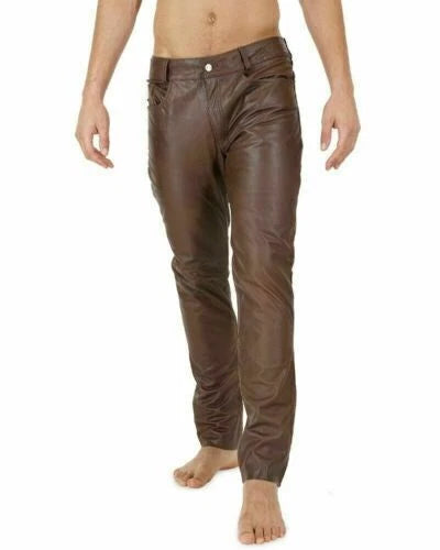 Men's Brown Full-Grain Original Leather Pants - Premium Slim Fit Classic Style
