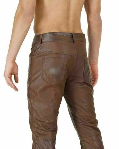 Men's Brown Full-Grain Original Leather Pants - Premium Slim Fit Classic Style