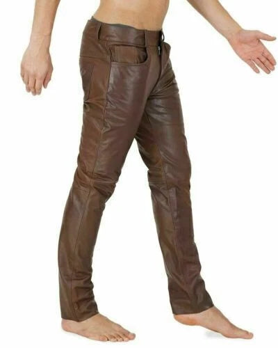 Men's Brown Full-Grain Original Leather Pants - Premium Slim Fit Classic Style
