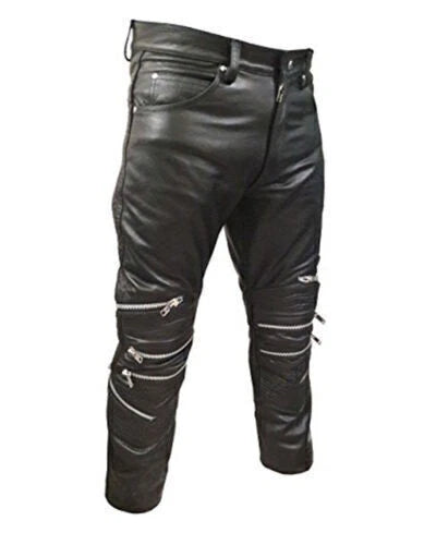 Men's Black Full-Grain Original Leather Pants - Slim Fit with Chain Details