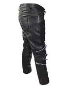 Men's Black Full-Grain Original Leather Pants - Slim Fit with Chain Details