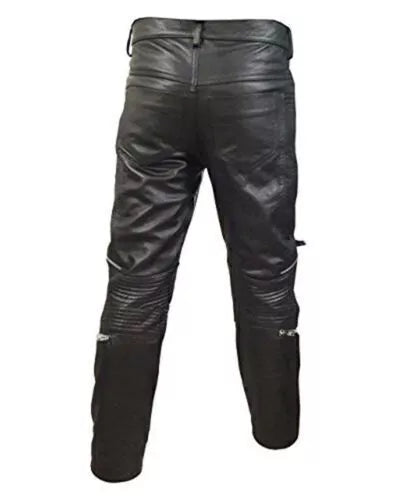 Men's Black Full-Grain Original Leather Pants - Slim Fit with Chain Details