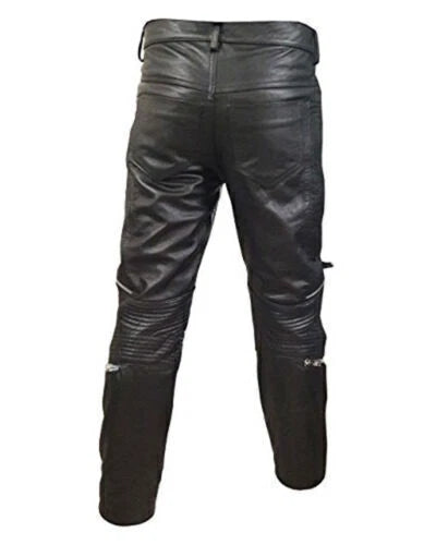 Men's Black Full-Grain Original Leather Pants - Slim Fit with Chain Details