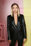 Women's Black Original Leather Blazer with Deep V-Neck - Premium Full-Grain Leather Jacket