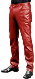 Men's Red Original Leather Slim-Fit Pants - Premium Full-Grain Handcrafted Modern