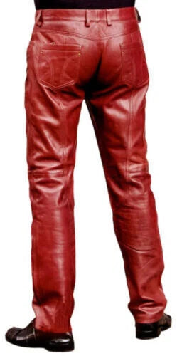 Men's Red Original Leather Slim-Fit Pants - Premium Full-Grain Handcrafted Modern