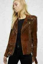 Women's Brown Suede Studded Moto Jacket - Premium Full-Grain Handcrafted – leather jacket, front view – Kamercio