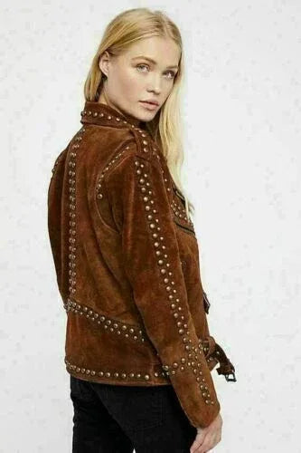 Women's Brown Suede Studded Moto Jacket - Premium Full-Grain Handcrafted