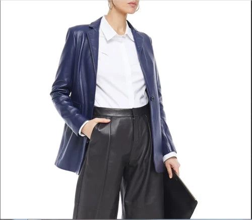 Women's Navy Blue Original  Leather Blazer - Premium Full-Grain Leather Jacket