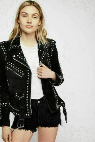 Women's Black Suede Leather Original Studded Moto Jacket - Premium Full-Grain Handcrafted Silver Studs