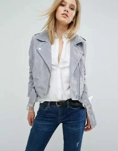 Women's Light Grey Suede Leather Cropped Moto Jacket - Premium Full-Grain Handcrafted