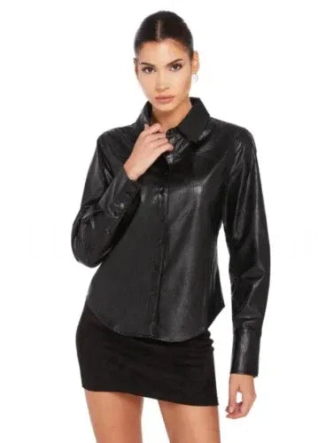 Women's Black Full Grain Original Leather Shirt - Handcrafted Glossy Finish Button-Down