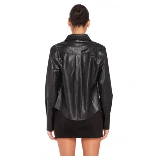 Women's Black Full Grain Original Leather Shirt - Handcrafted Glossy Finish Button-Down