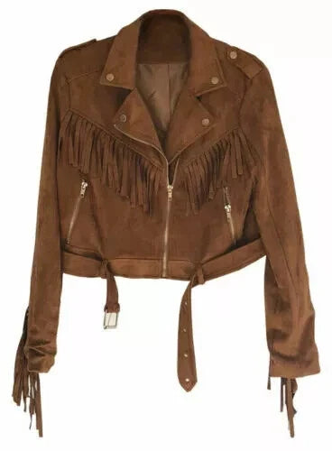 Women's Brown Suede Original Fringed Leather Moto Jacket - Handcrafted Full Grain Leather Biker Jacket