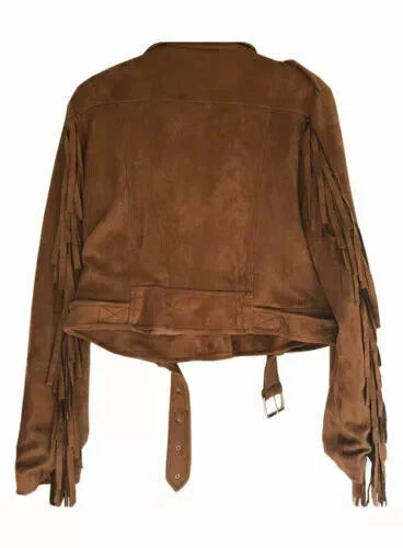 Women's Brown Suede Original Fringed Leather Moto Jacket - Handcrafted Full Grain Leather Biker Jacket