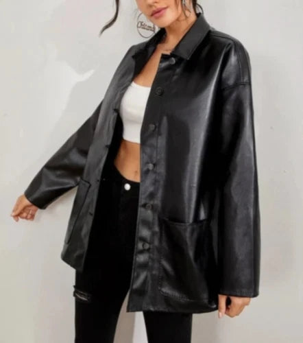Black Leather Original Shirt - Oversized Full-Grain Leather Shacket for Women