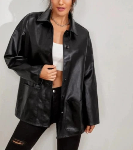 Black Leather Original Shirt - Oversized Full-Grain Leather Shacket for Women