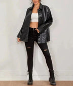 Black Leather Original Shirt - Oversized Full-Grain Leather Shacket for Women