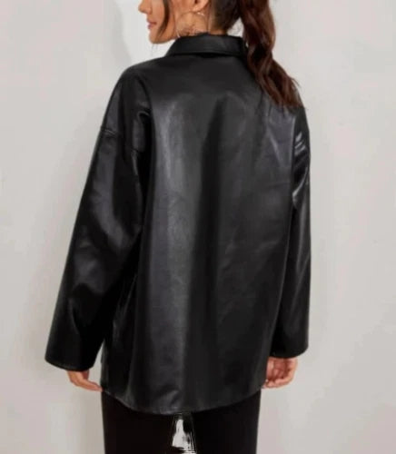 Black Leather Original Shirt - Oversized Full-Grain Leather Shacket for Women