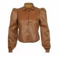Tan Leather Cropped Original Shirt - Puff Sleeve Full-Grain Premium Leather Button-Up for Women