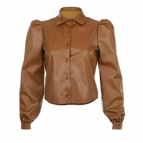 Tan Leather Cropped Original Shirt - Puff Sleeve Full-Grain Premium Leather Button-Up for Women