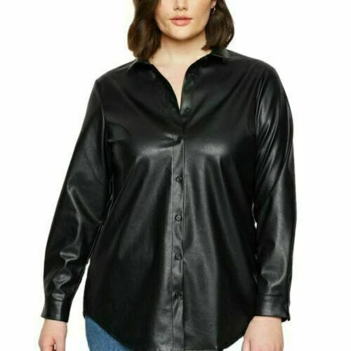 Black Leather Oversized Original Shirt - Full-Grain Premium Leather Button-Up for Women