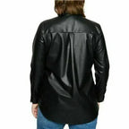 Black Leather Oversized Original Shirt - Full-Grain Premium Leather Button-Up for Women