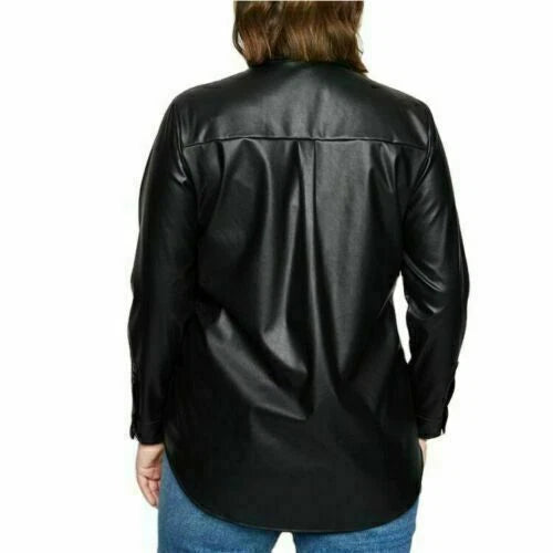 Black Leather Oversized Original Shirt - Full-Grain Premium Leather Button-Up for Women