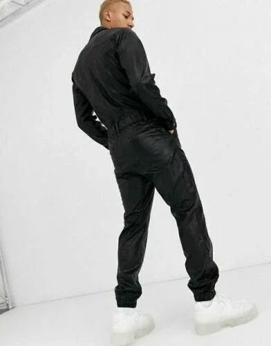 Premium Black Original Leather Boilersuit - Full-Grain Workwear Jumpsuit – leather jumpsuit, back view – Kamercio