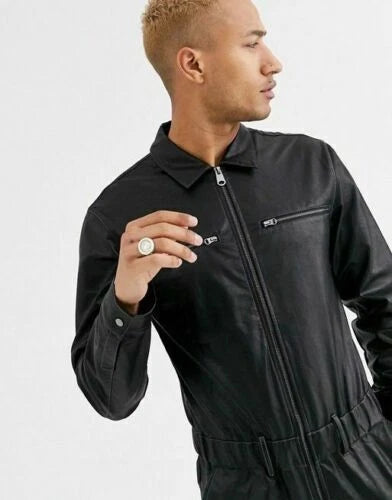 Premium Black Original Leather Boilersuit - Full-Grain Workwear Jumpsuit