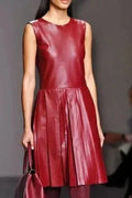 Pleated Leather Original Dress - Handcrafted Burgundy Leather Dress with Drop Waist