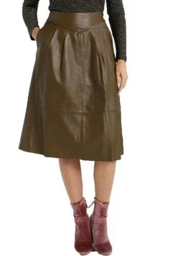 Olive Green Original Leather Midi Skirt - Pleated A-Line Premium Leather Skirt for Women