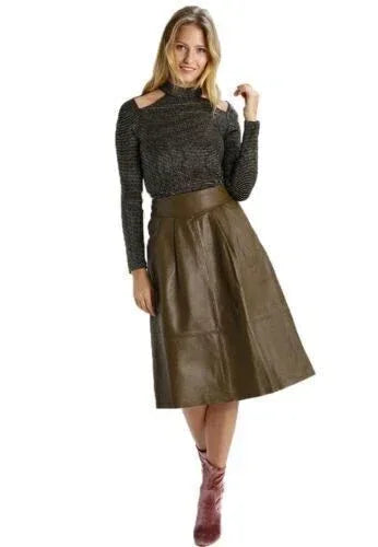 Olive Green Original Leather Midi Skirt - Pleated A-Line Premium Leather Skirt for Women