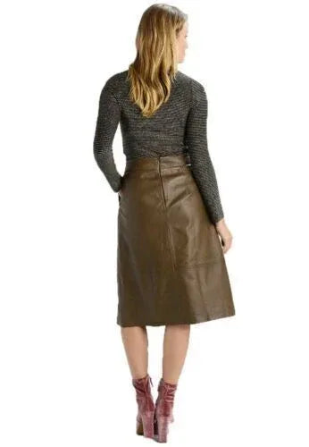 Olive Green Original Leather Midi Skirt - Pleated A-Line Premium Leather Skirt for Women