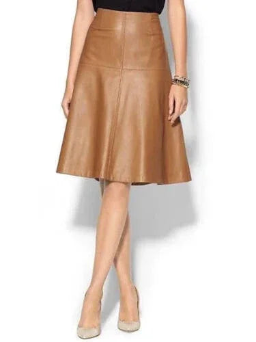 Camel Original Leather A-Line Skirt - High Waist Full Grain Leather Skirt for Women